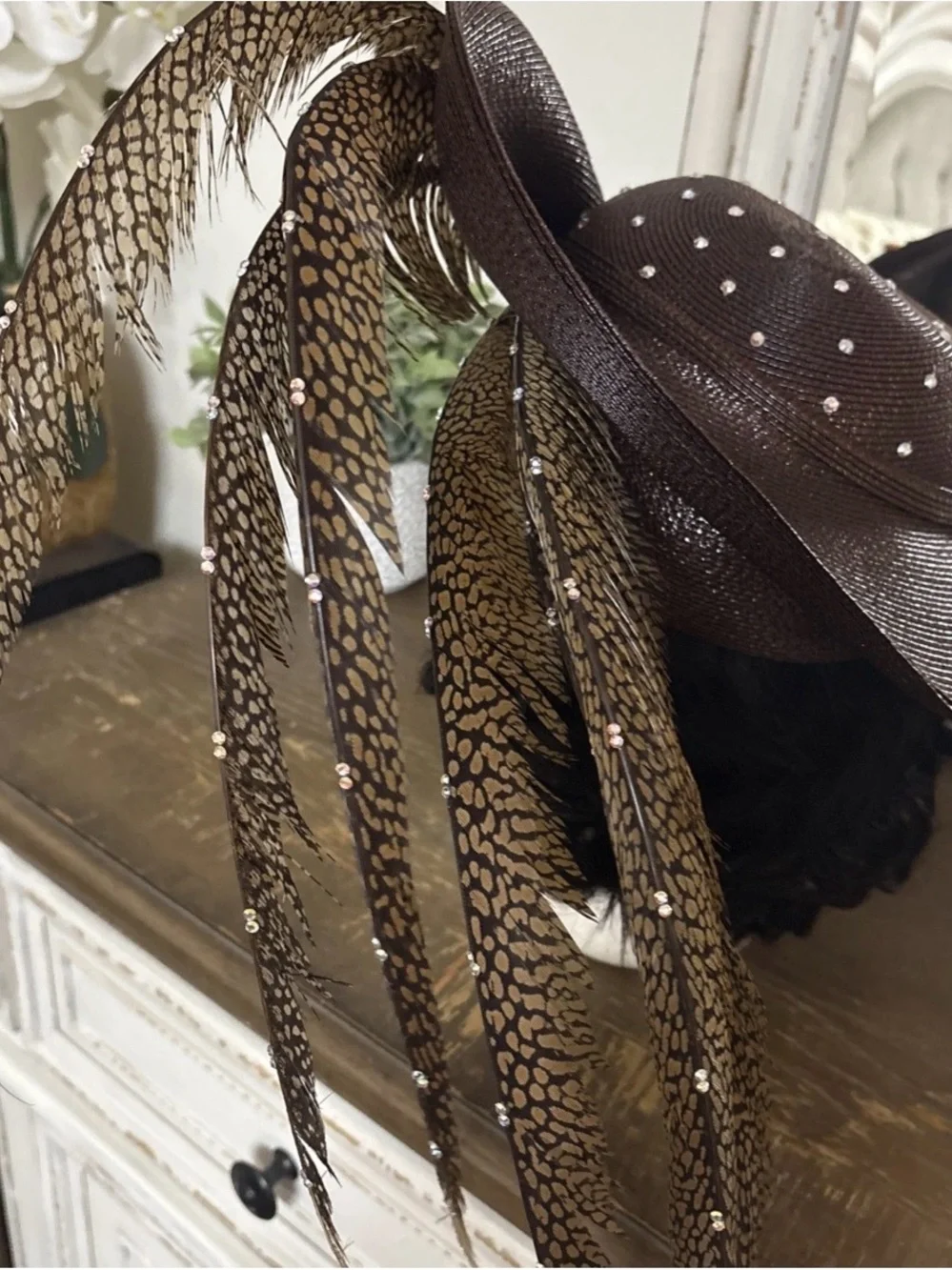Crystal-Trim Brown Feathered Cocktail Hat